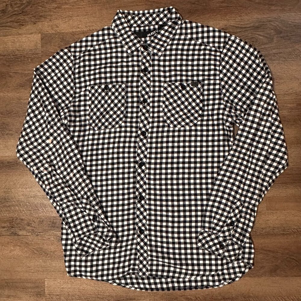 Rusty Casual Button Down Mens Large Black & White Plaid Rugged Flannel Shirt